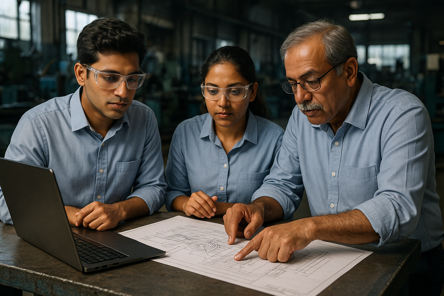 N.S. Engineering engineering team reviewing a mechanical drawing